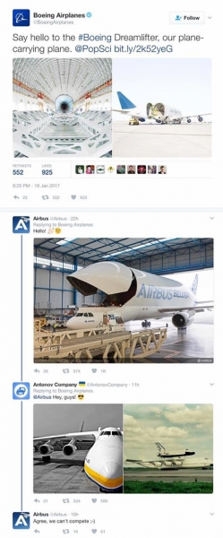 Авиакомпания "Boeing" на своей странице в Twitter решила похвастаться своим сверхгабаритными транспортным самолетом "Boeing Dreamlifter". Вследствие этого в соцсети началось небольшое соревнование между компаниями. 