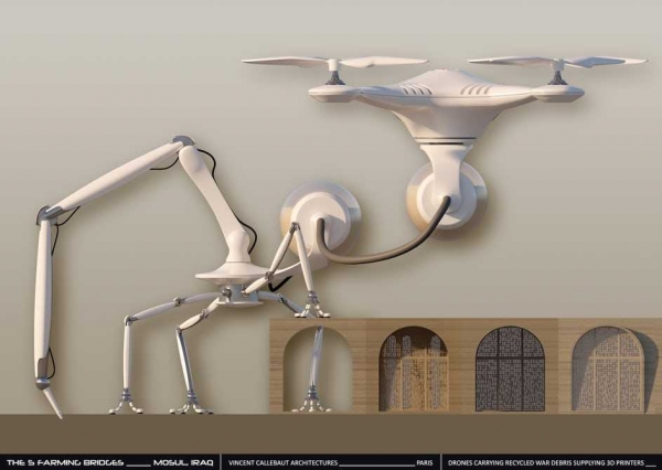 После окончания боевых действий в иракском Мосуле архитектурная фирма Vincent Callebaut Architectures обнародовала новый проект по возрождению разрушенного города концепция предусматривает использование высокотехнологичного 3D-печати, роботов-пауков и беспилотников. 