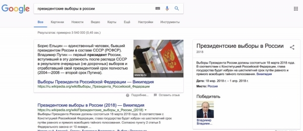 14 января пользователи Twitter обратили внимание, что Google на запрос о президентских выборах в России 2018 называет победителем Владимира Путина. 