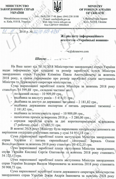 Заработная плата министра иностранных дел Украины Павла Климкина за октябрь составила 109,6 тысяч гривен. 