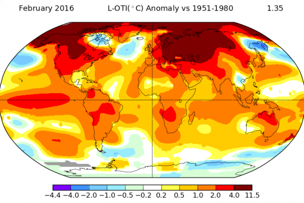 Февраль 2016 года стал самым теплым месяцем на Земле за всю историю метеонаблюдений. 