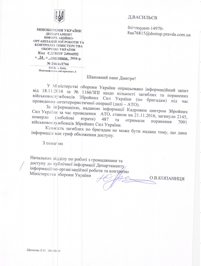 На 21 ноября 2016 в АТО погибло 2145 военнослужащих Вооруженных сил Украины, из этого количества 691 человек из числа призванных во время частичной мобилизации. 