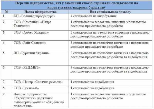 На официальном рынке янтаря работает 9 предприятий, которые имеют 18 спецразрешений на пользование янтароносными недрами. В частности, среди официальных добывающих компаний будет работать коммунальное предприятие "Волиньприродресурс", которое образовали объединены местные общины Волыни. 