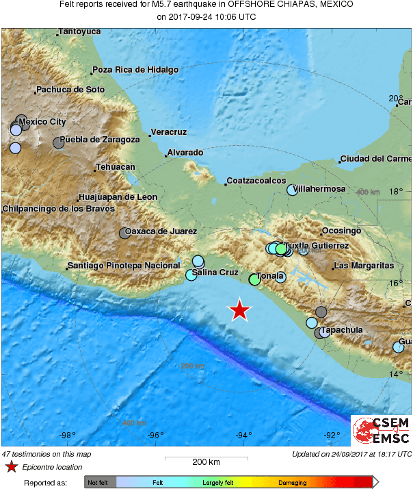 У берегов Мексики в воскресенье, 24 сентября, произошло землетрясение магнитудой 5,7. 