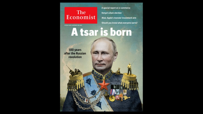 Британское издание The Economist к годовщине Октябрьской революции вышло с обложкой, на которой изображен президент России Владимир Путин в образе царя. 