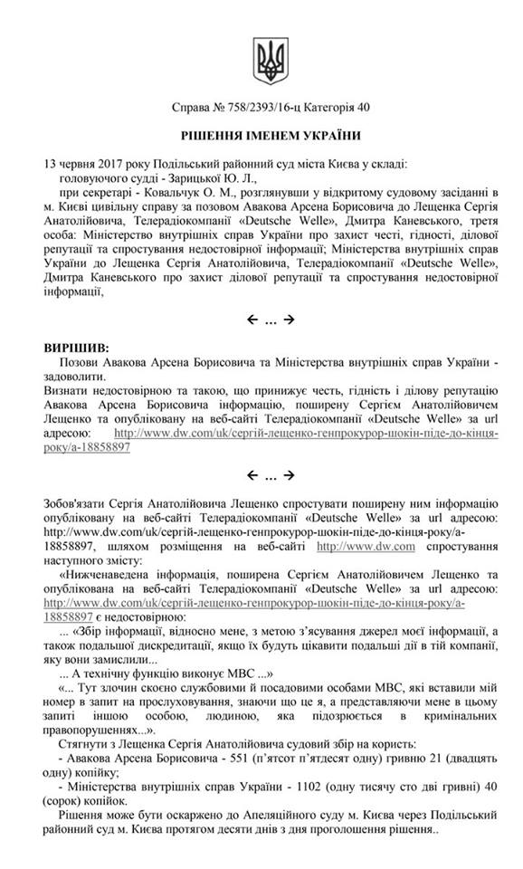 Апелляционный суд Киева рассмотрел апелляционную жалобу народного депутата Сергея Лещенко и вынес окончательное решение. 