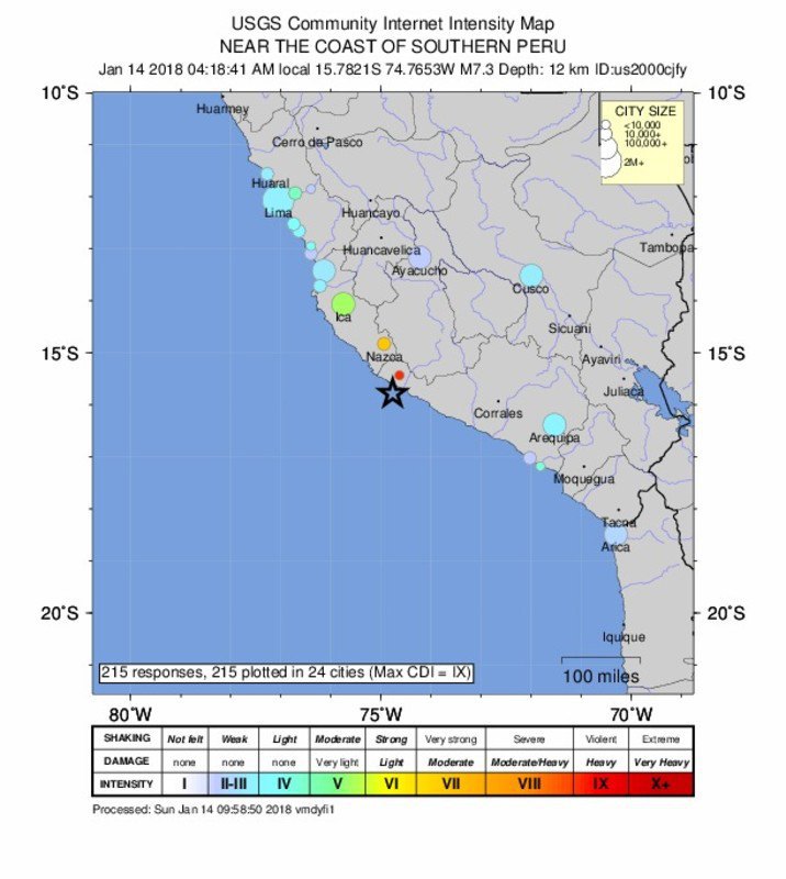 Тихоокеанский центр предупреждения о цунами в США сообщил об угрозе возникновения высоких волн после мощного землетрясения у побережья Перу. Землетрясение магнитудой 7,1 балла произошло у берегов Перу утром 14 января. 